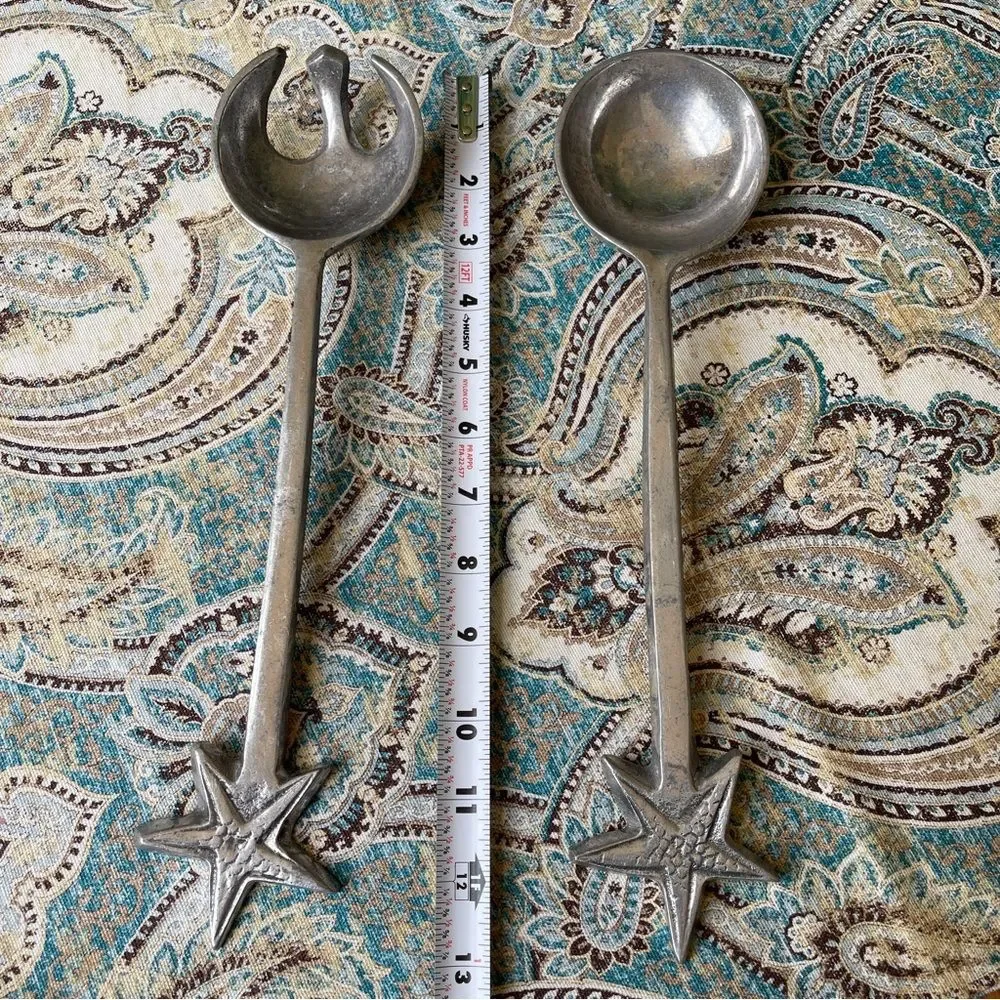 Metal Coastal Starfish salad server set Pewter or aluminum vintage